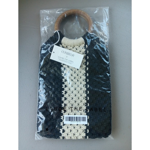 Curateur‎ Laude BOHO Handbag GABBY Black White Wood Handle Macramé Bag NEW - Picture 2 of 9